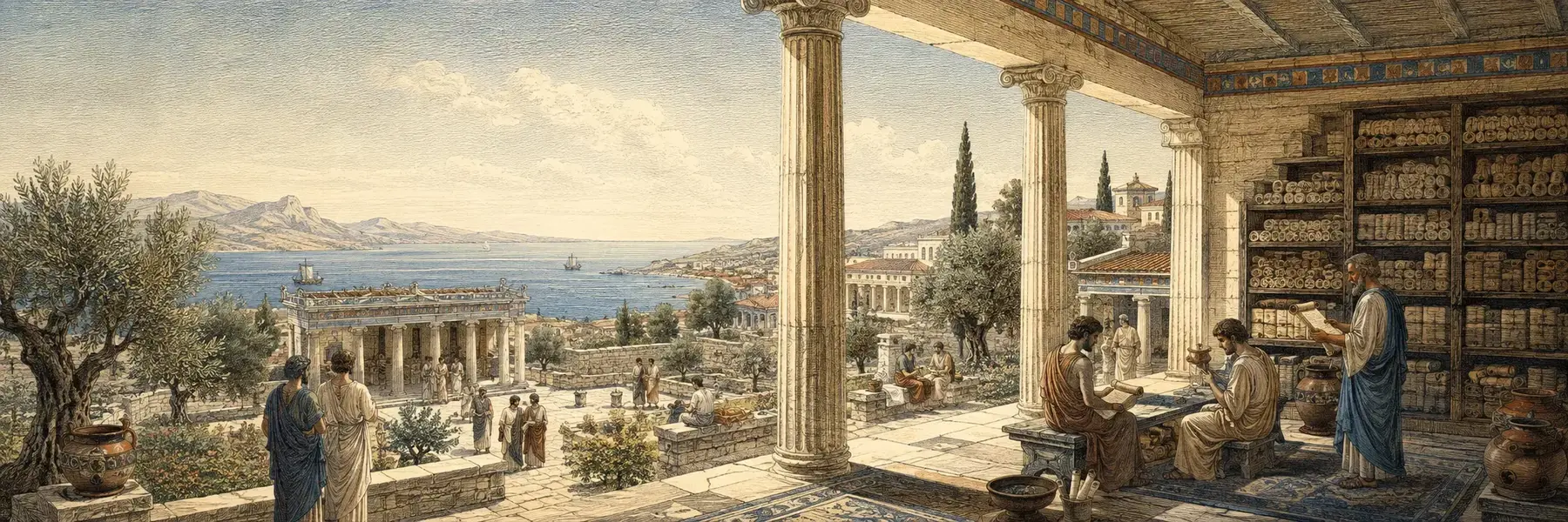 Engraved panorama of an ancient Greek library and agora beside the Aegean